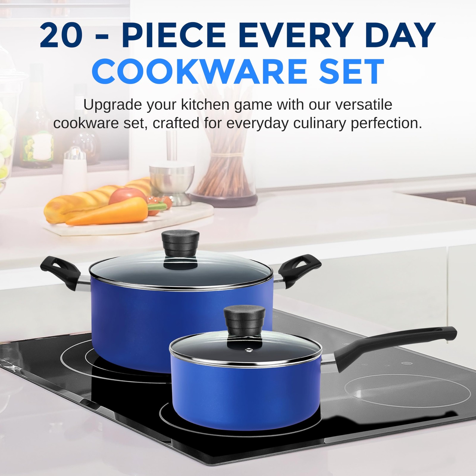 SereneLife 20-Pc Blue Nonstick Cookware Set w/Lids, Utensils & Knives – Dishwash