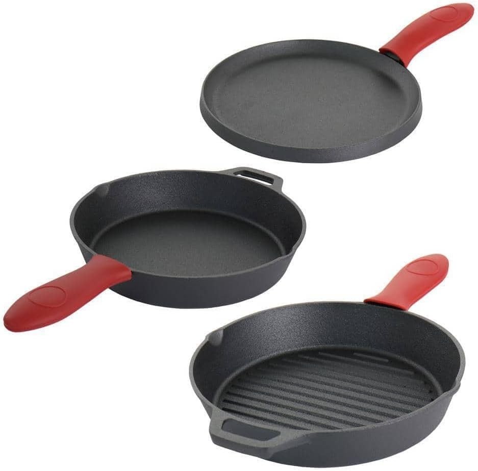 MegaChef Cast Iron Pre-Seasoned Set 6 PC Red Handle-Missing 1 Red Silicon Handle