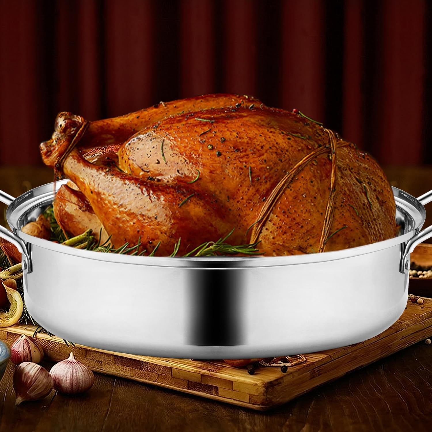 RIDGEPOLE 22” Large Roasting Pan with Rack and Lid, Stainless 22″, Sliver