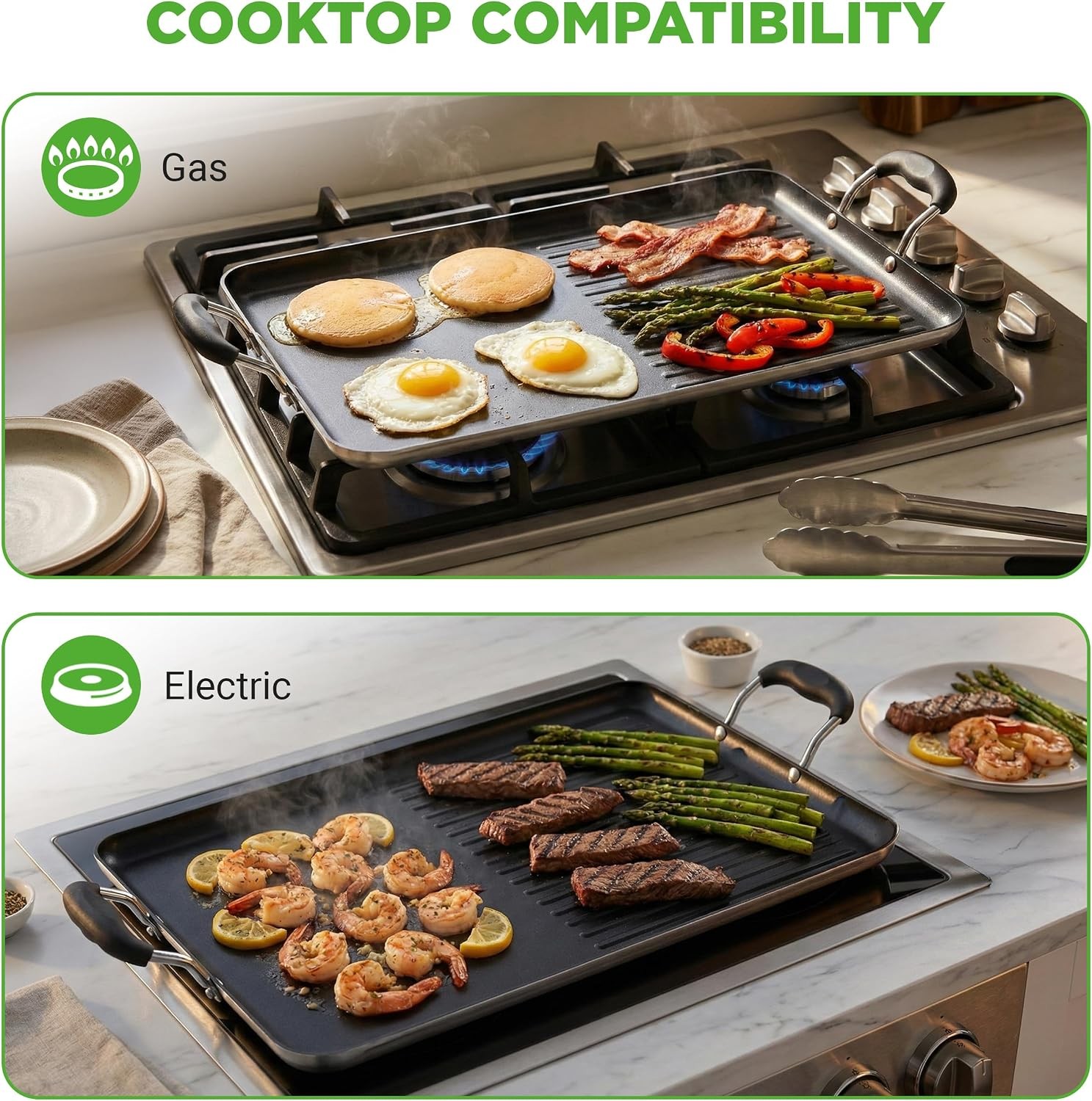 Large 24 Inch Double Burner Non Stick Griddle Skillet Dual Cooking Surfaces