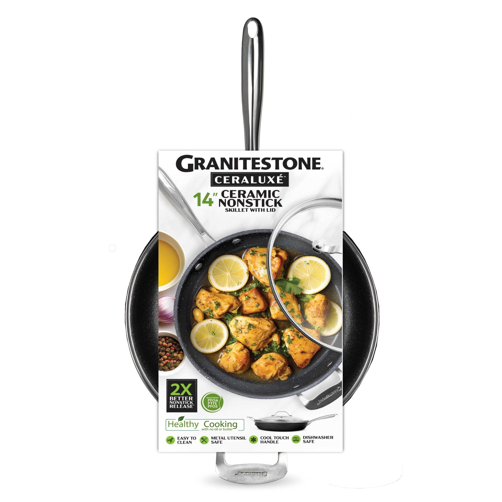 Granitestone Ceraluxe 14” Ceramic Nonstick Skillet with Lid and Helper Handle