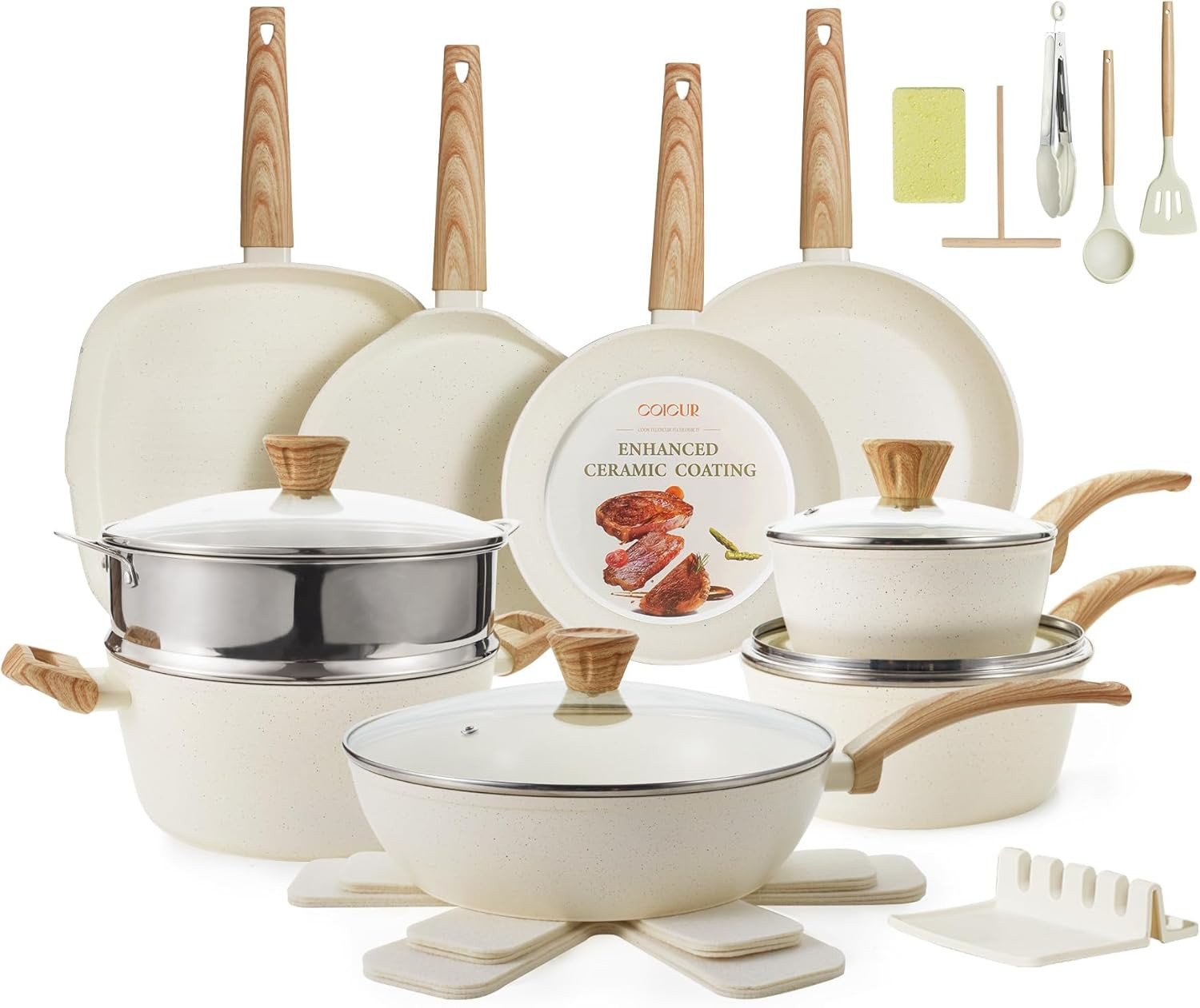 26Pcs Nonstick Ceramic Cookware Set with Utensils – Cream White