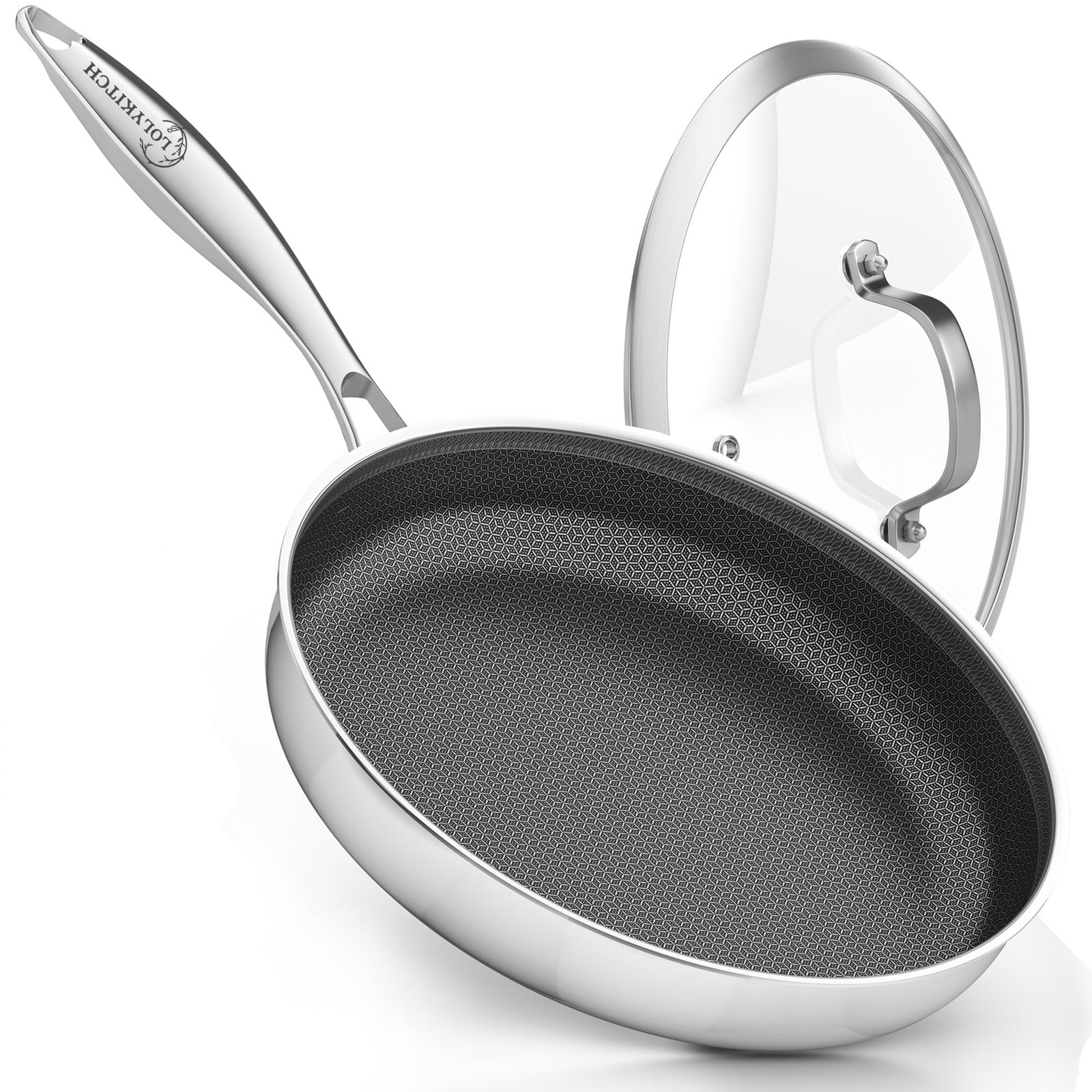 10 In Hybrid Nonstick Stainless Steel Sauté Pan with Lid,Deep Frying Pan,Skillet