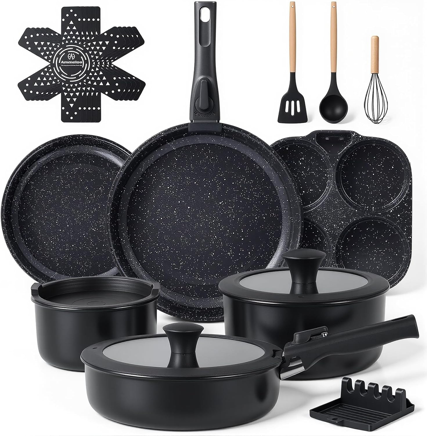 21-Piece Ceramic Pots and Pans Set Non Stick with Detachable Handles and Egg Fry