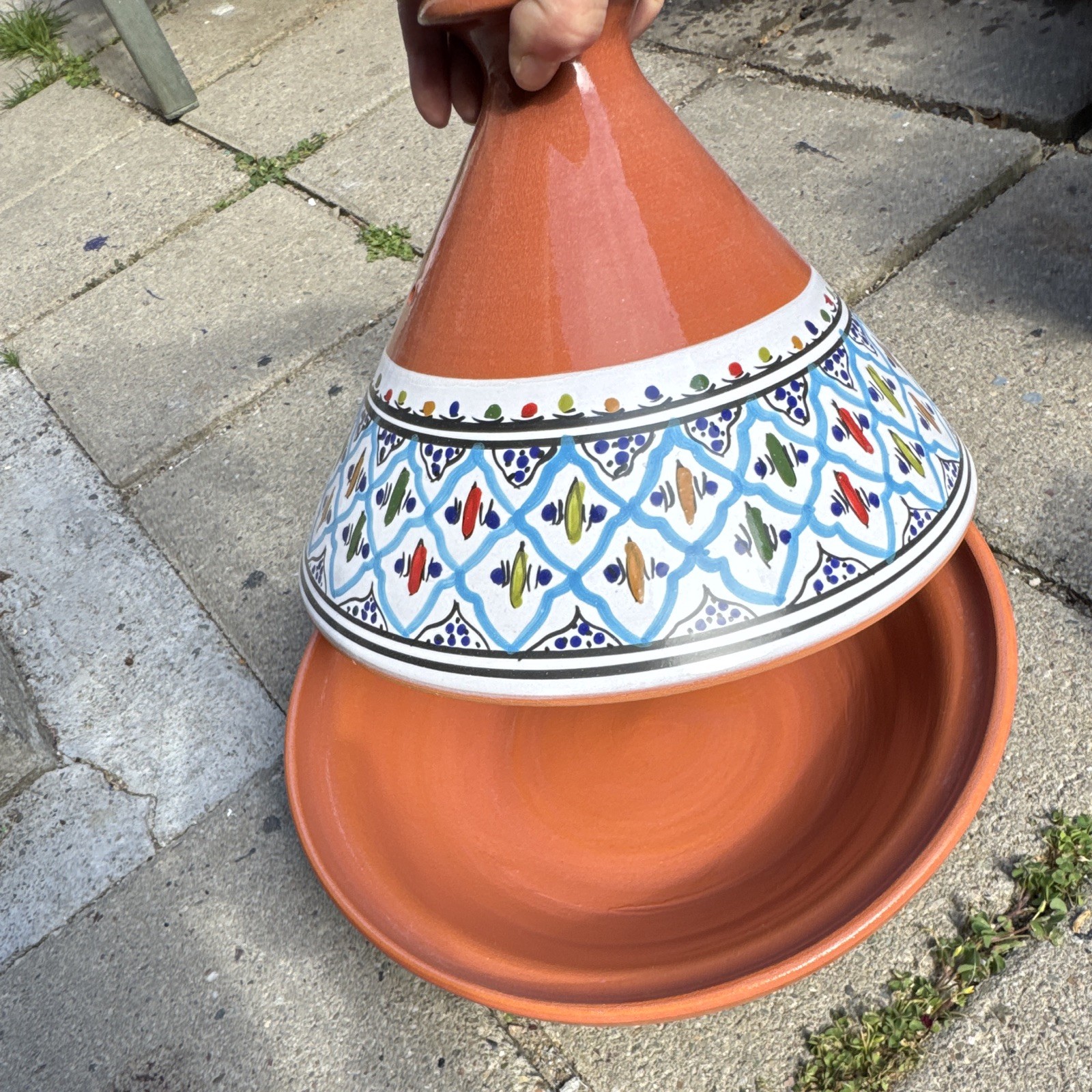 Terracotta Ceramic Tagine w/ Conical Lid Hand-Painted Blue White Multicolor