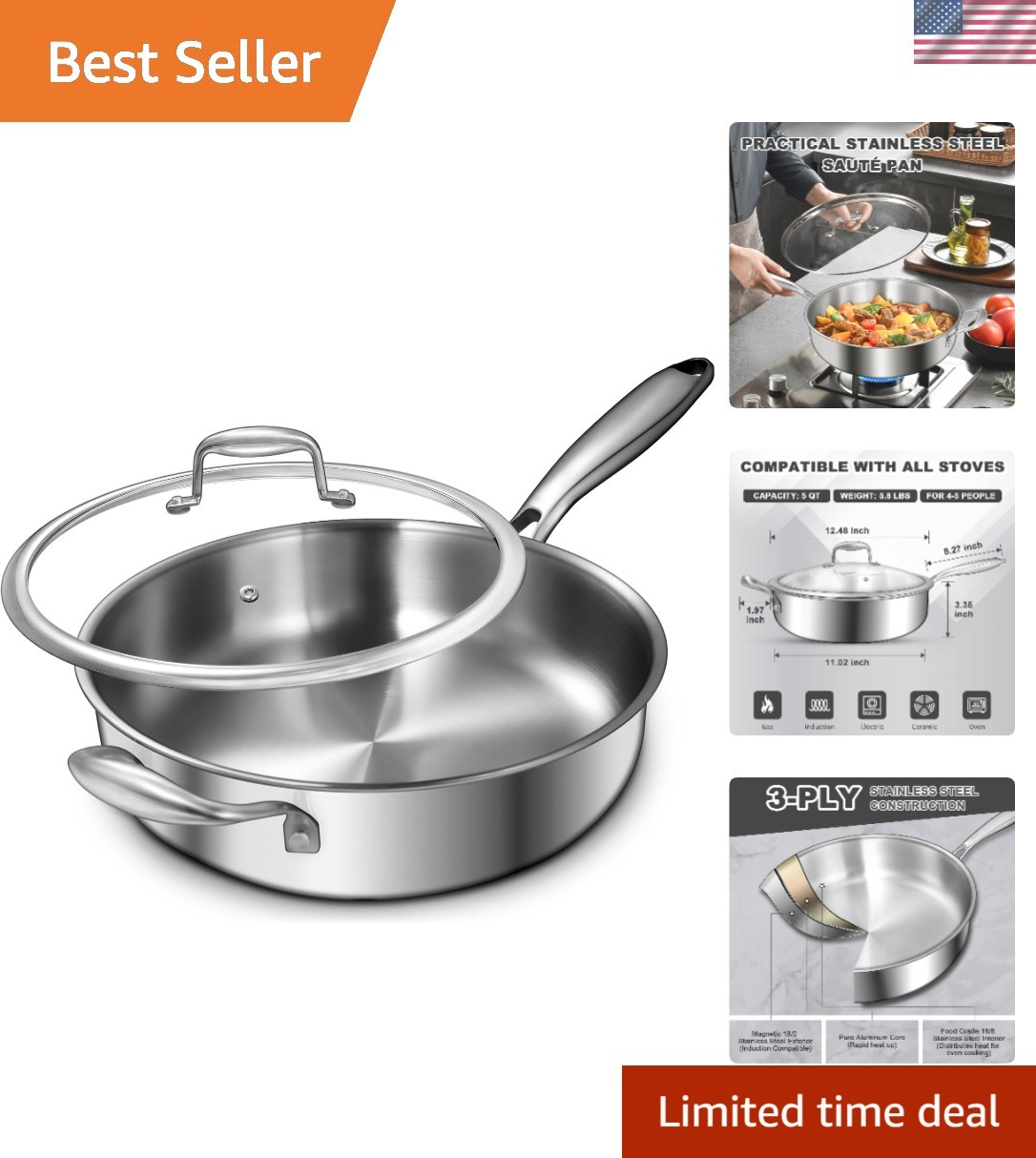 12 Inch Tri-Ply Stainless Steel Frying Pan, 5-Quart Deep Saute Pan with lids,…