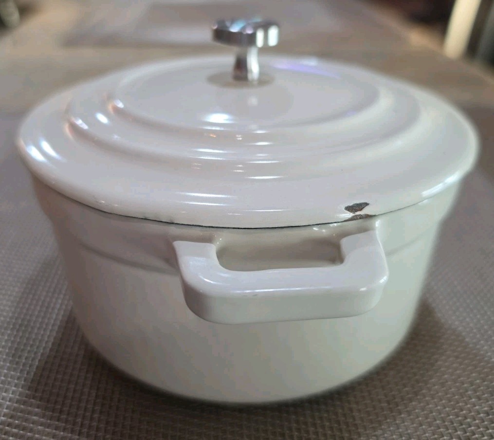 Hearth & Hand W/Magnolia Cast Iron Casserole Pot Mini Dutch Oven .5 Qt White 5″