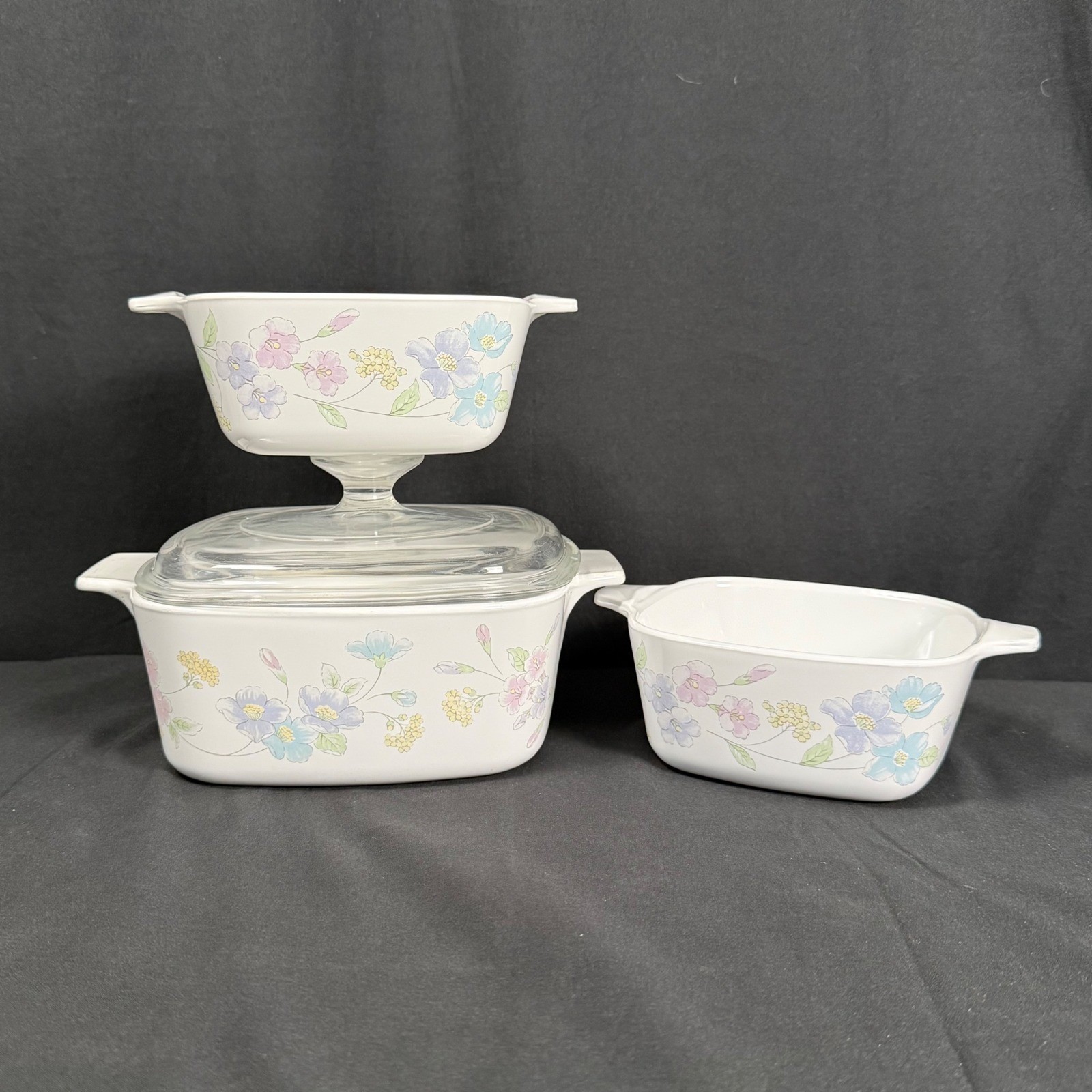 Corning Ware Pastel Bouquet Casserole Set 1.5L & Lid 2 Petite Pans VTG 1985-90