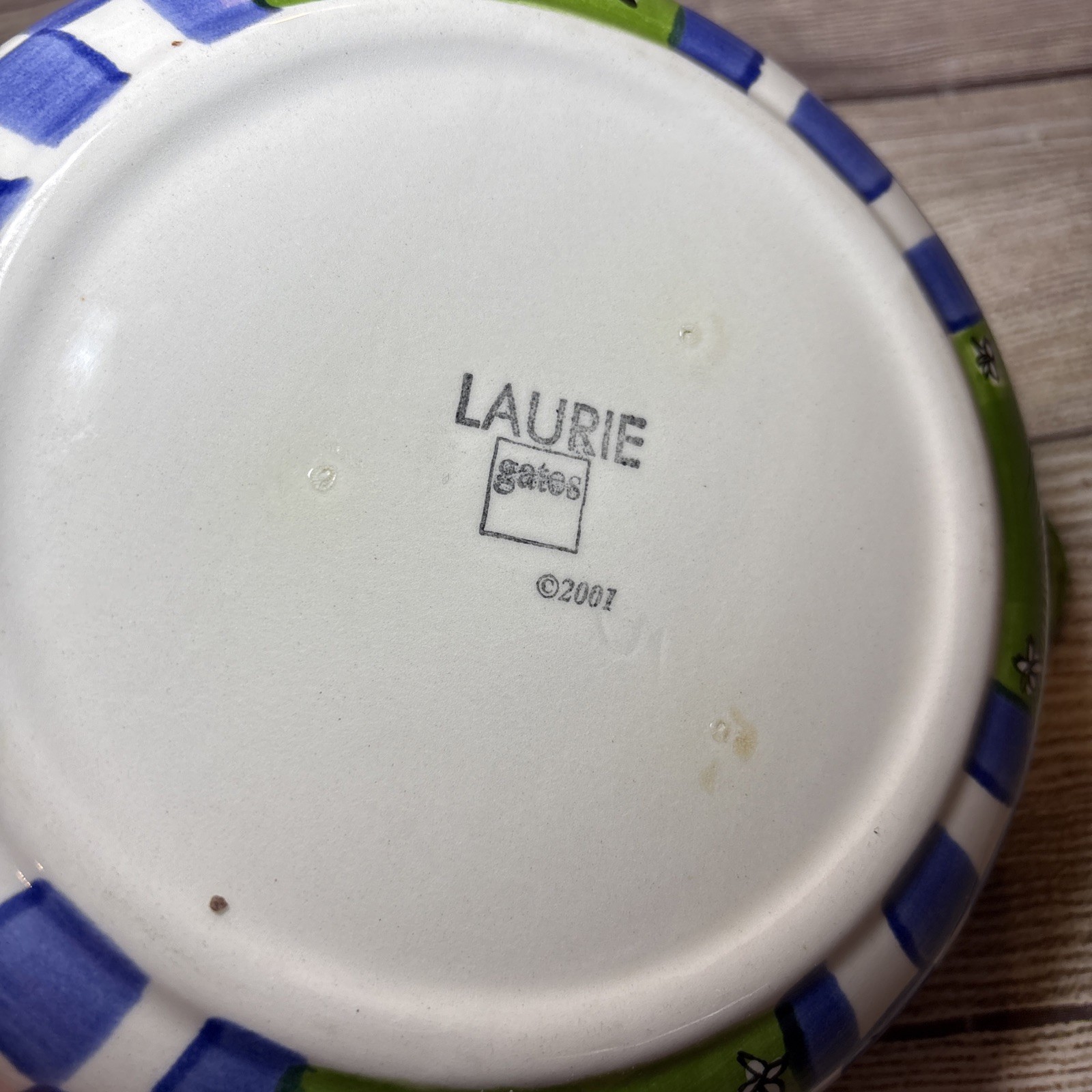 Laurie Gates 2001 Ceramic Casserole Blue Green White Whimsical 10×7.5”