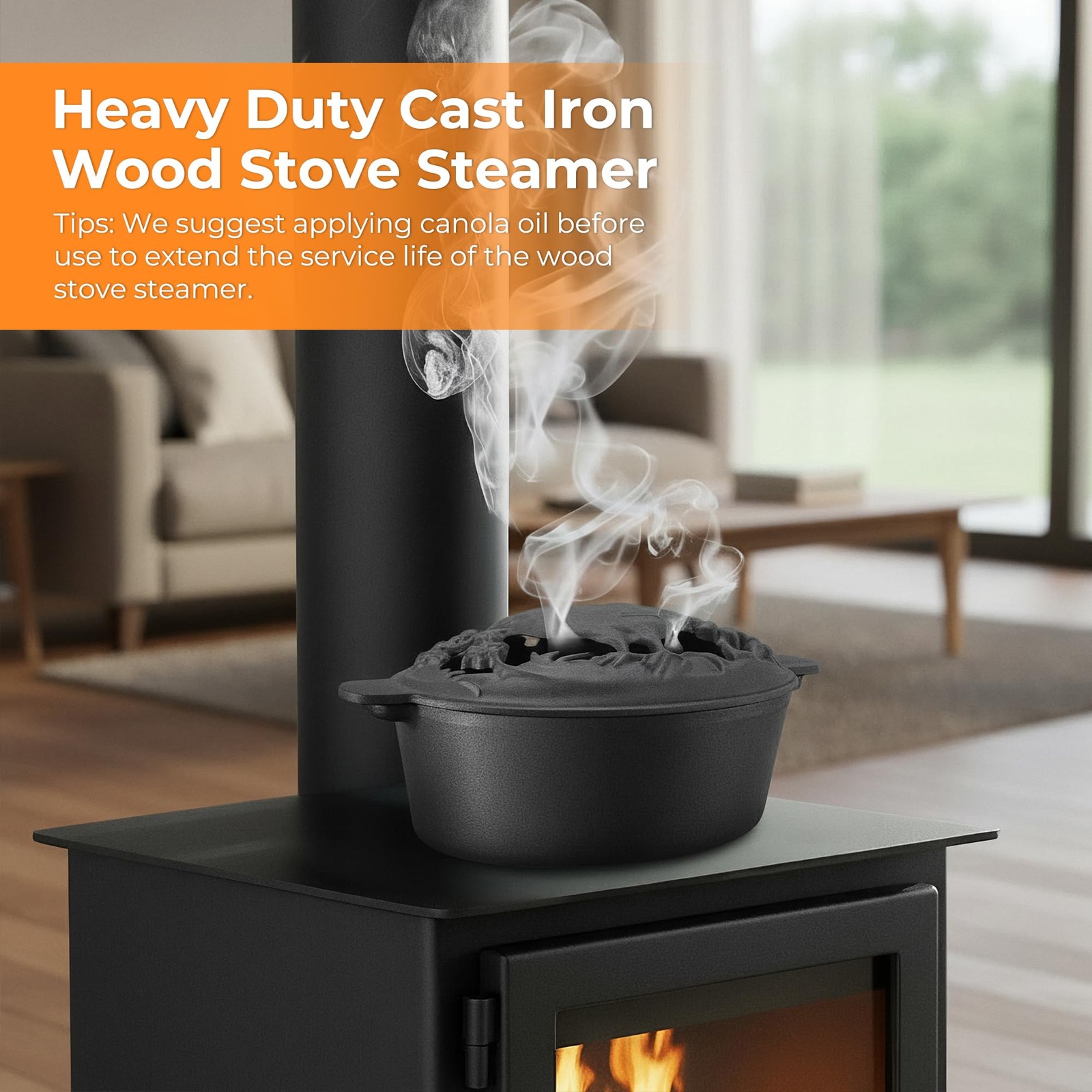 Wood Stove Steamer 2.5 Quart Humidifier Cast Iron Porcelain Fireplace Pot