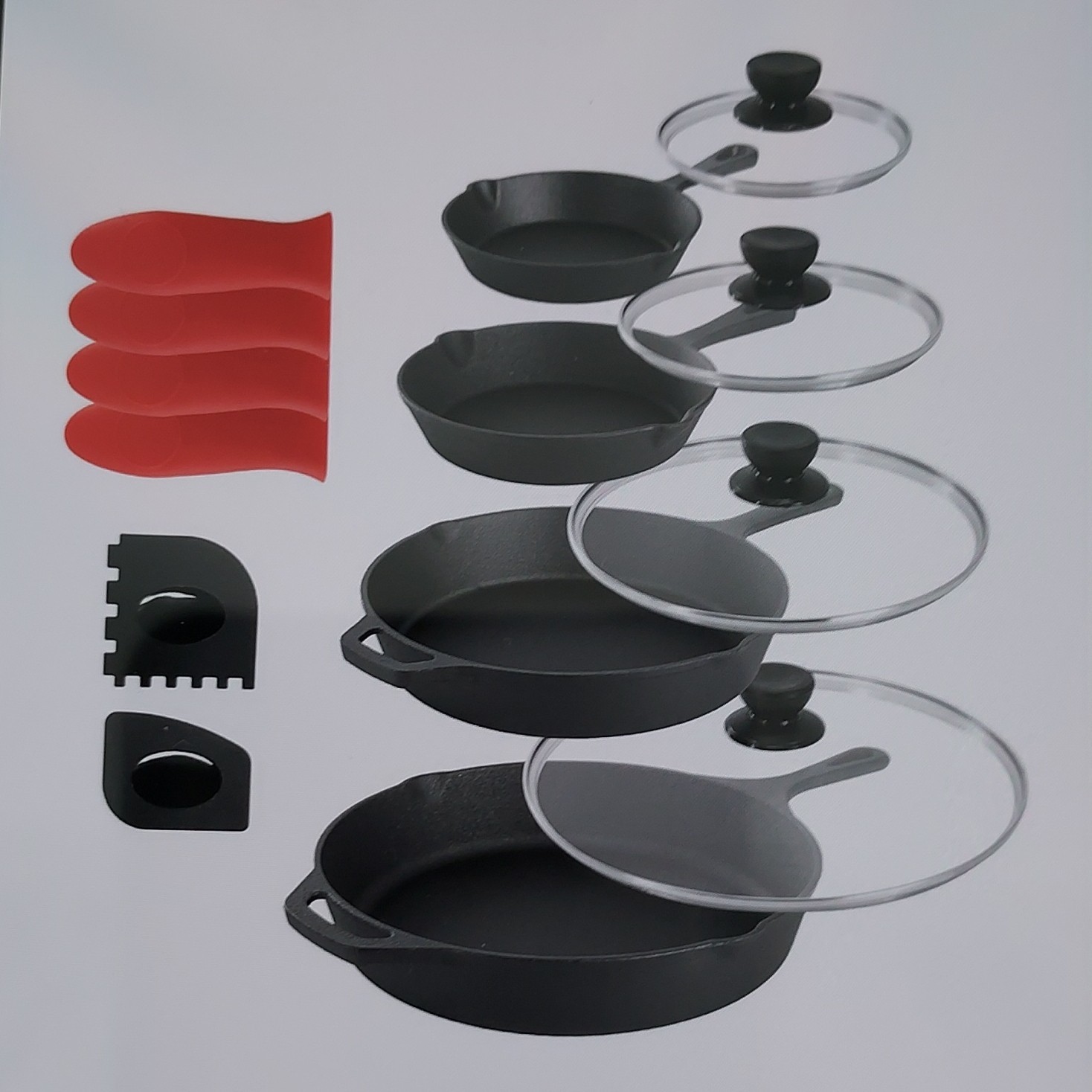 MegaChef 13 Piece Cast Iron Pan Set Tempered Glass Lids Silicone Holders