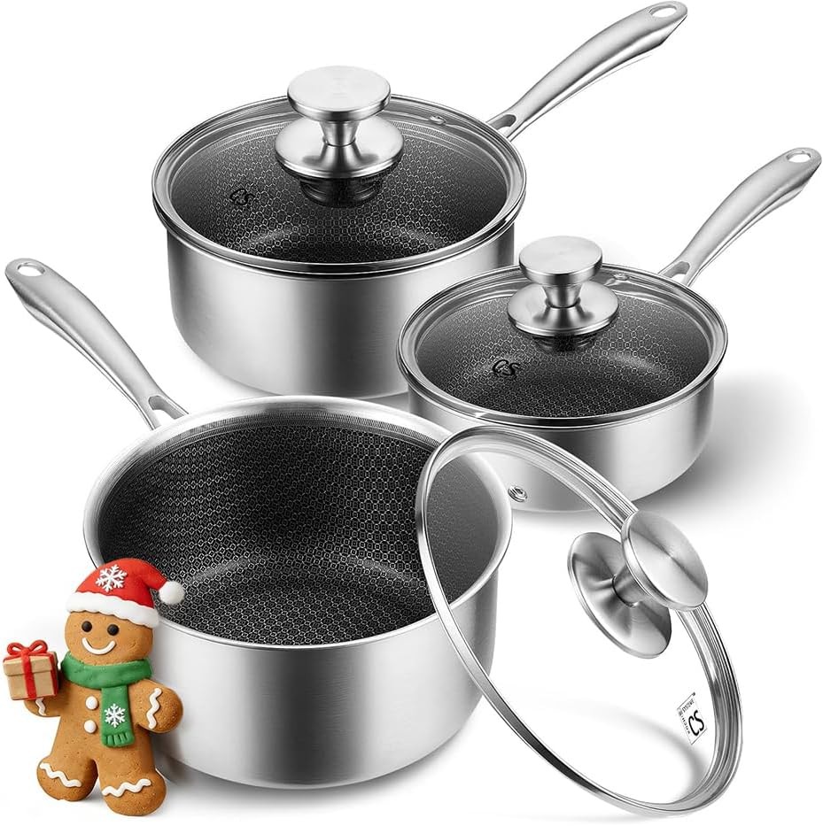 Hybrid Nonstick Stainless Steel Saucepan Set, 6-Piece Triply Stainless Steel Sau