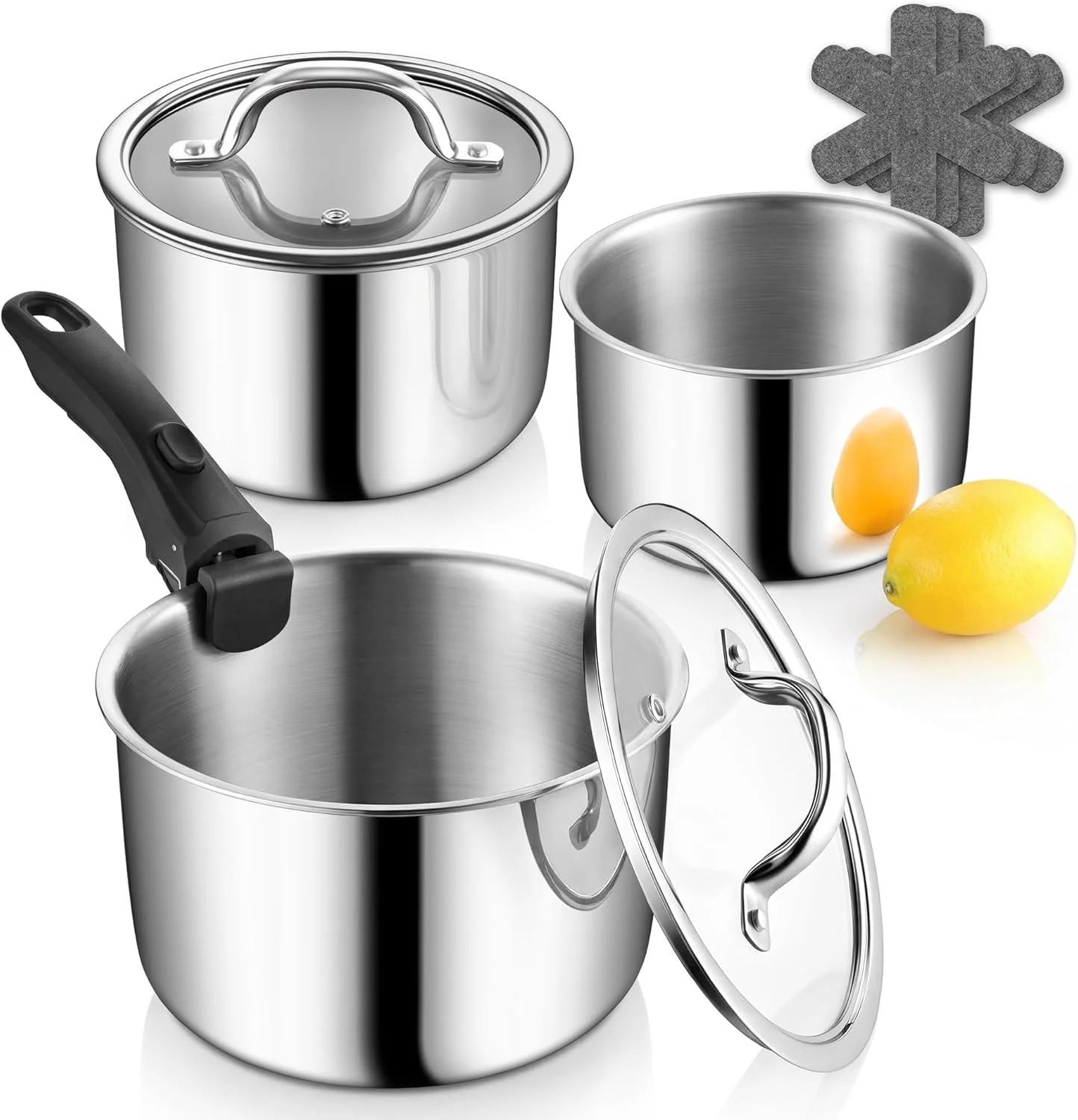 P&P CHEF Tri-Ply Stainless Steel Cookware Set of 3 with Removable Handle, 9-Piec