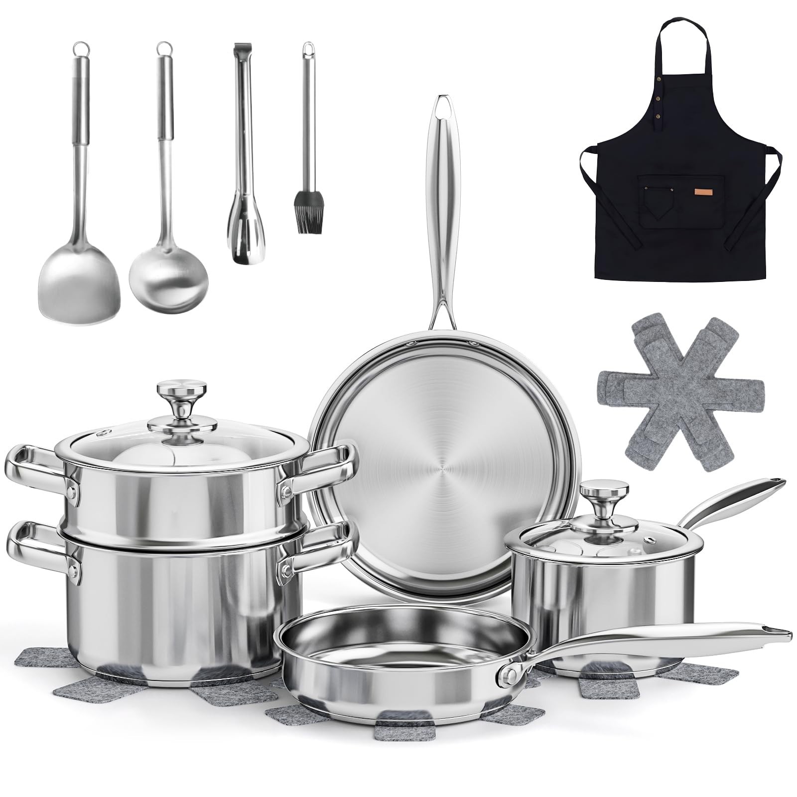 16PC Stainless Steel Cookware Set, Non-Toxic Induction Pots & Pans, Steamer, Ute