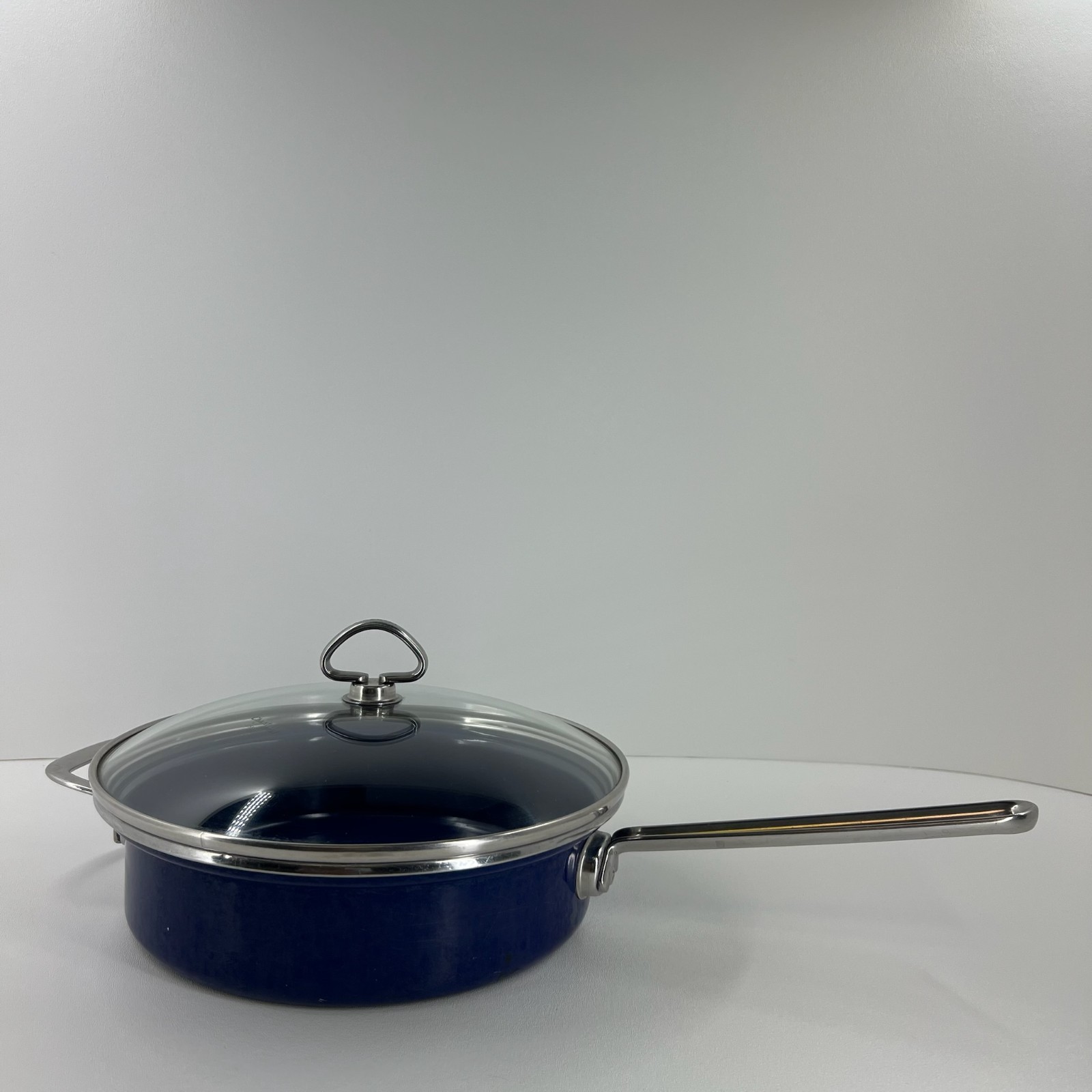 Chantal Enamel Steel Saute Pan 9.5″ Skillet w/ Lid 25N Double Handle Cobalt Blue