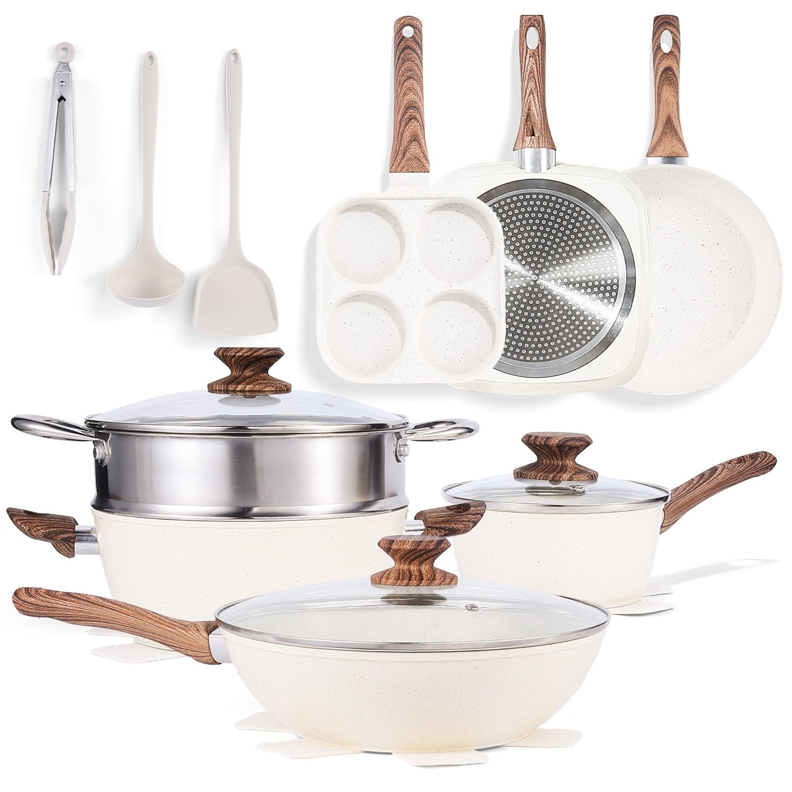 17Pcs Ceramic Cookware Set, Nonstick & Non-Toxic Healthy Pots and Pans Beige