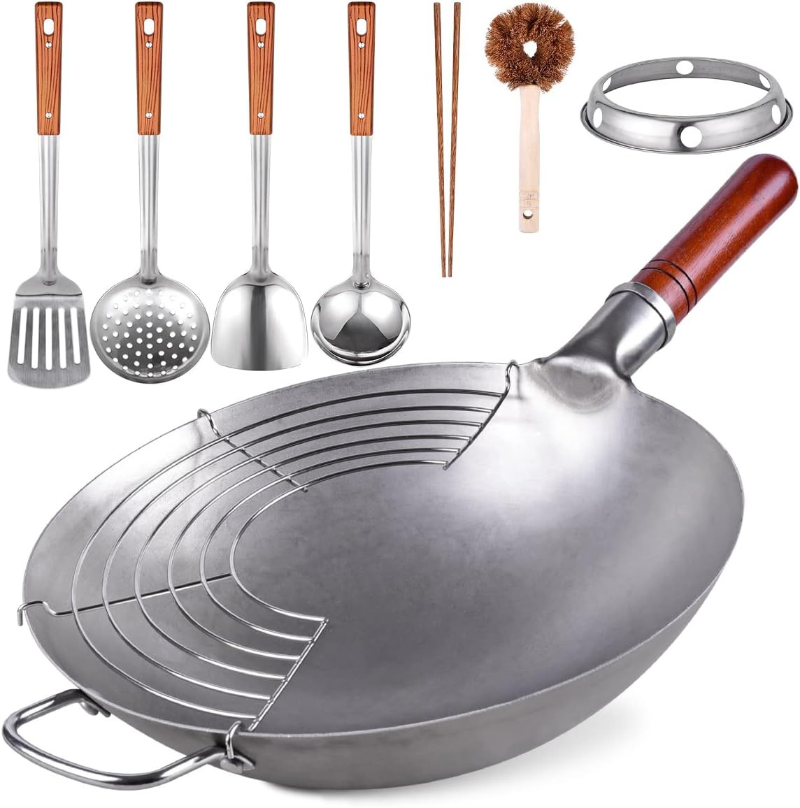 Carbon Steel Wok Traditional Hand Hammered 13.4″ Chinese Woks round Bottom