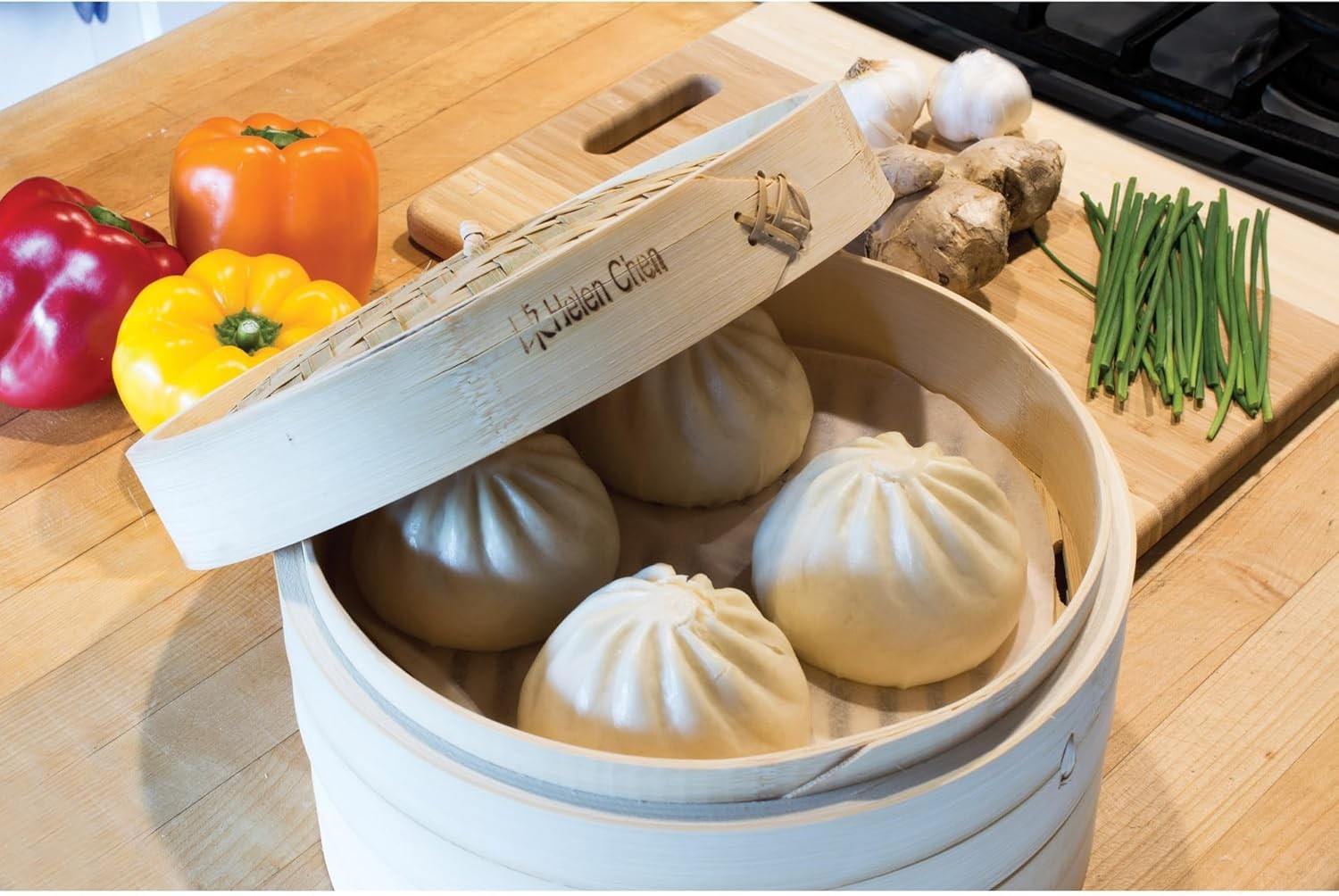 2 Tier Bamboo Steamer Basket 6 Inch for Dumplings Bao Buns Vegetables Fish Rice