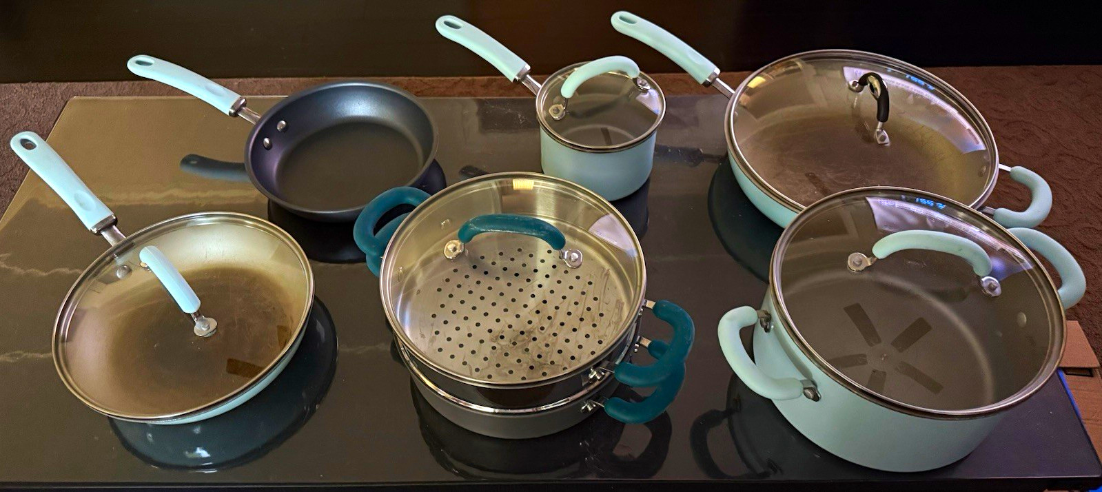 7-Piece + 5 lids Rachel Ray Blue Nonstick Cookware Set w Glass Lids