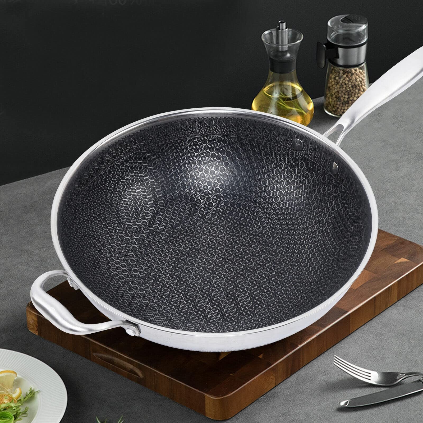 34cm non-stick double-sided honeycomb cooking frying pan with lid, induction com