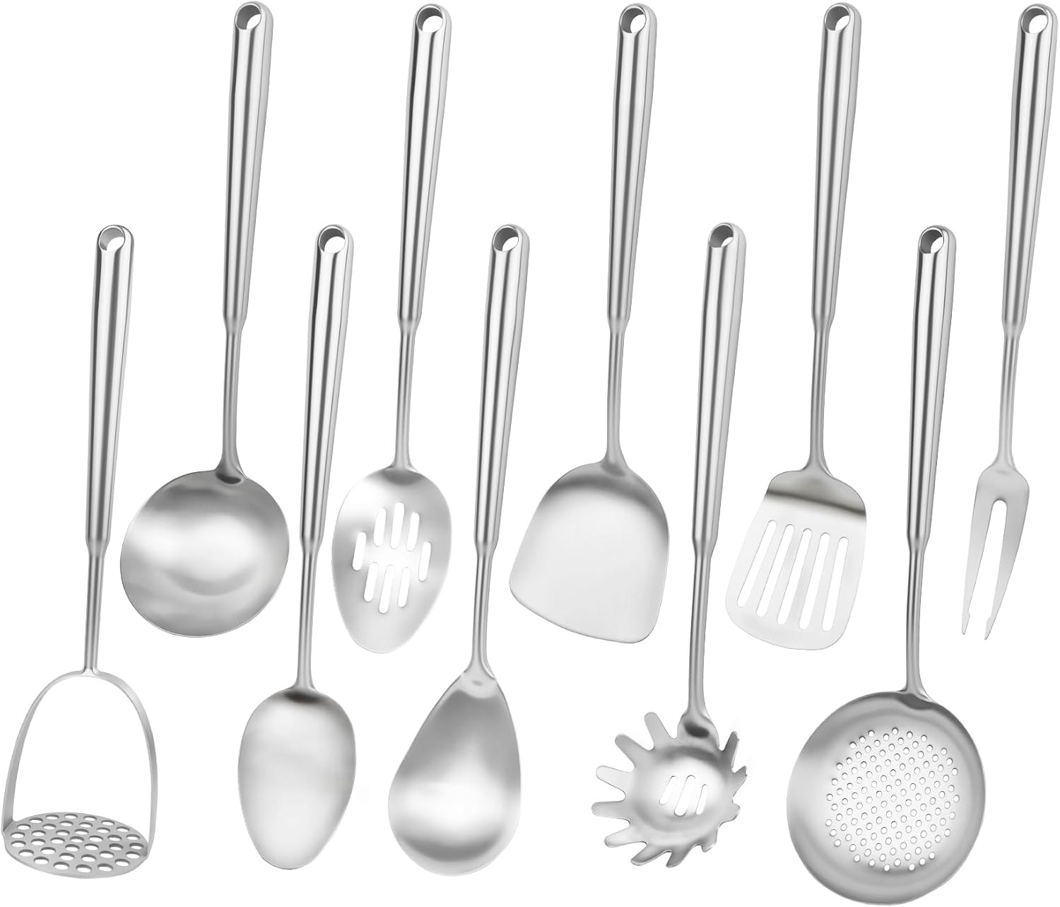 18 10 Stainless Steel Cooking Utensils Set, 10pcs Long Metal Kitchen Utensils
