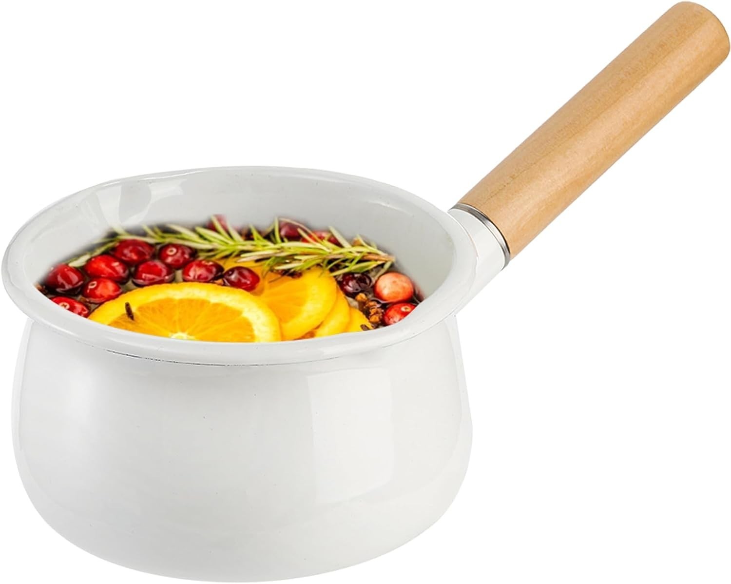 Jucoan 1 Quart Enamel Milk Pan White Dual Pour Spout Ergonomic Wooden Handle