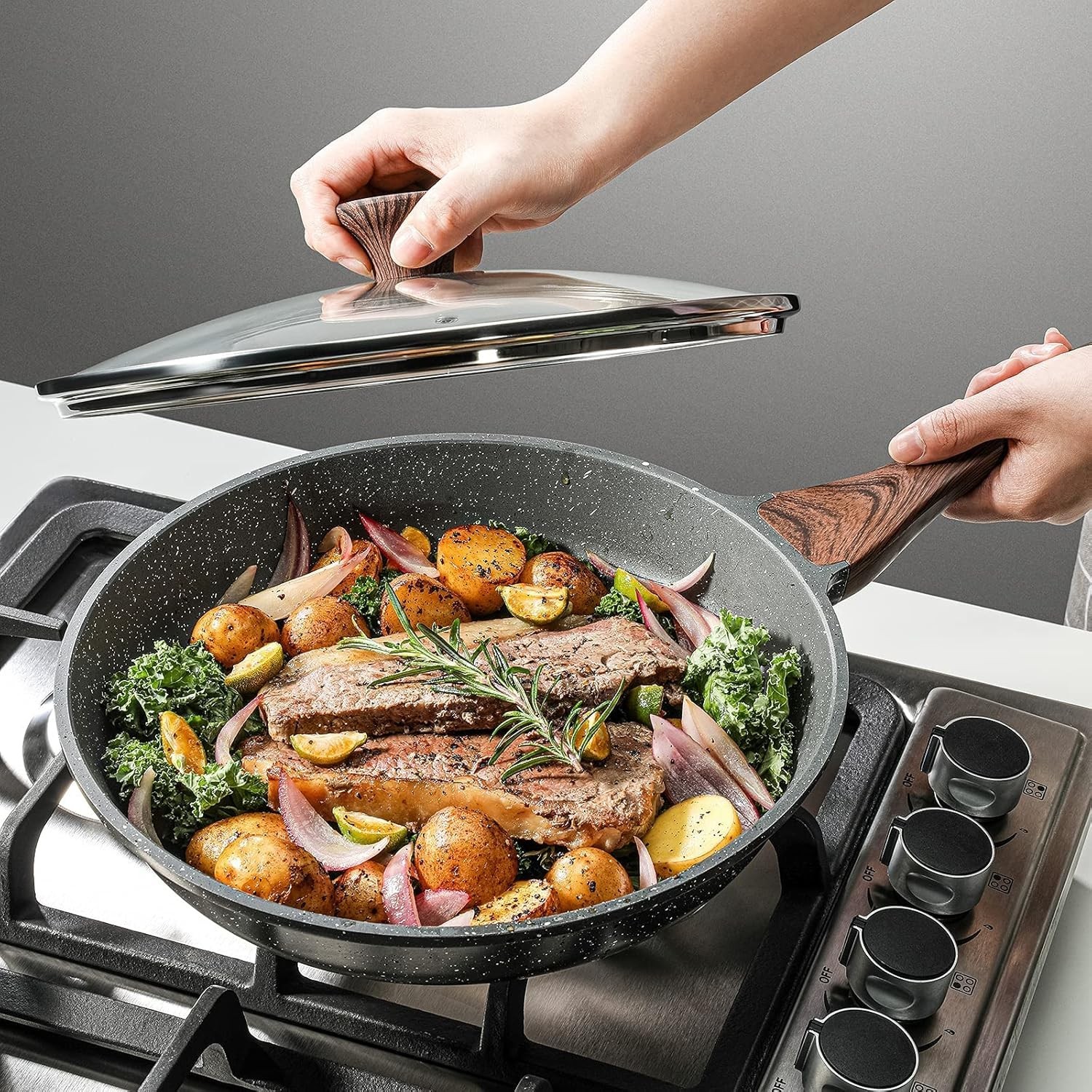 Healthy 11″ Nonstick Frying Pan with Lid – Swiss ILAG Coating, Easy to Clean