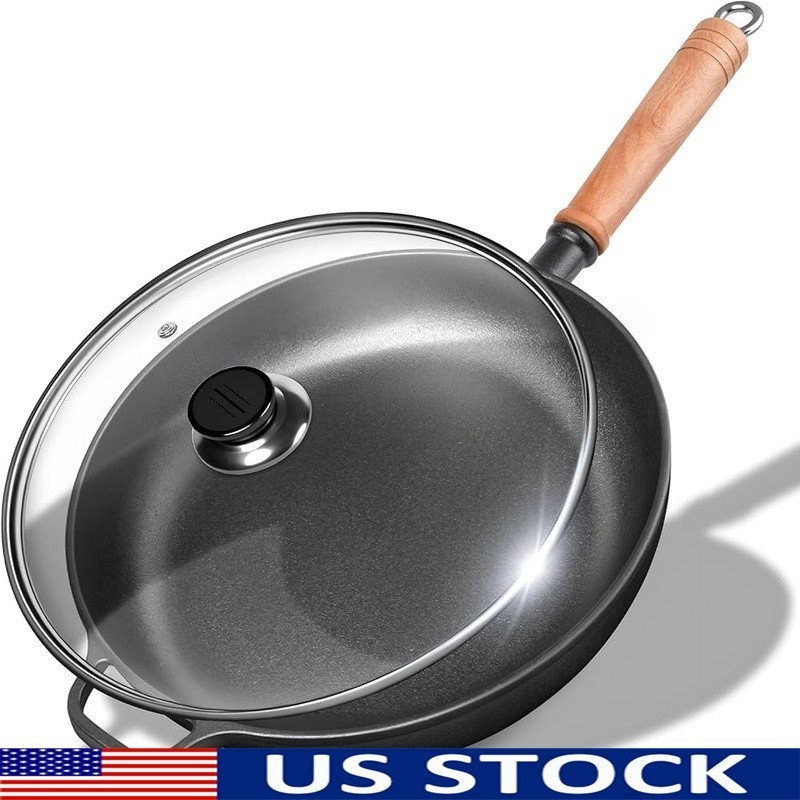 Cast Iron Skillet Nonstick W/ Glass Lid Detachable Handle Oven Safe Cooking Pan