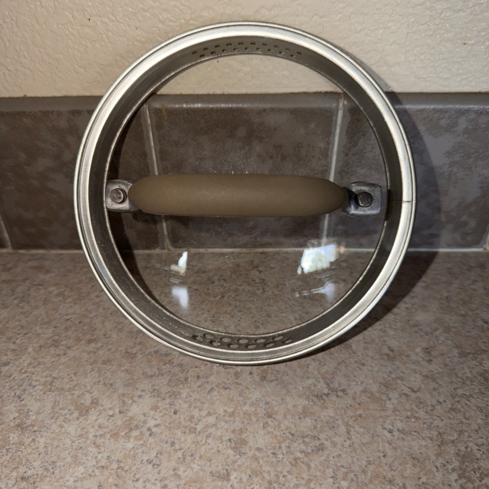Circulon 6 Inch Glass Pot Lid w/ Stainless Rim & Brown Silicone Grip Handle