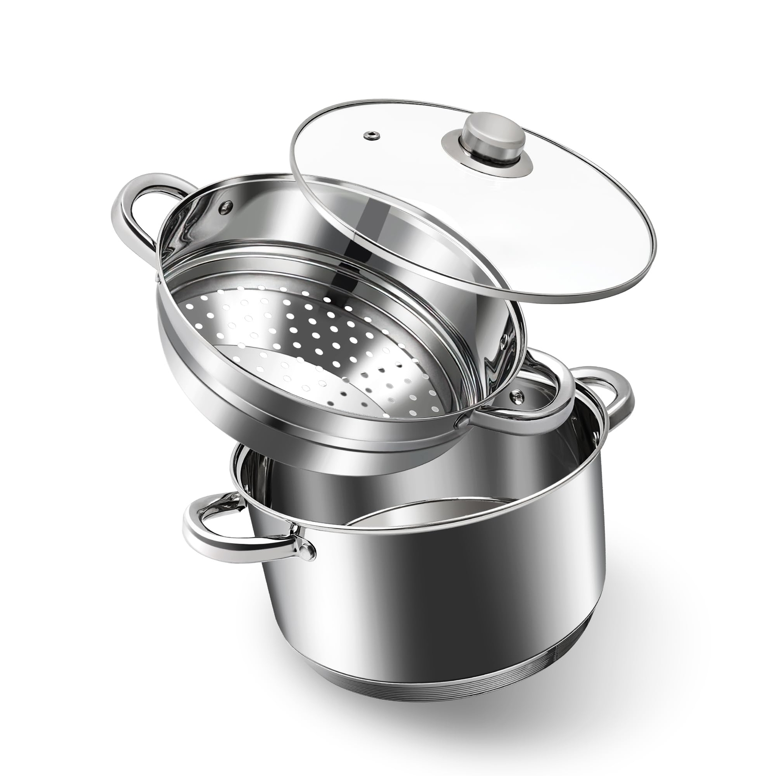 4 Quart 18/10 Stainless Steel Triply Stockpot And Steamer With Tempered Glass Li