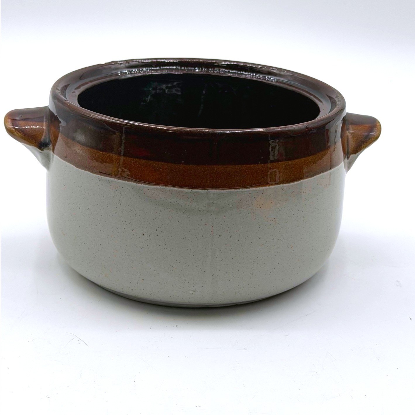 Vintage Two Tone Stoneware Bean Pot Brown Gray Glazed Ceramic Crock with Handles