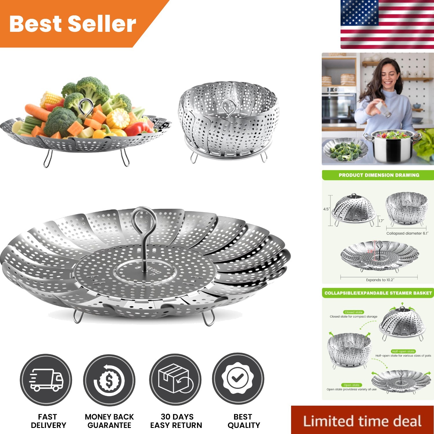 Space-Saving Steamer Basket: Durable & Stylish for Cooking Lovers, 6.1″ to 10.2″