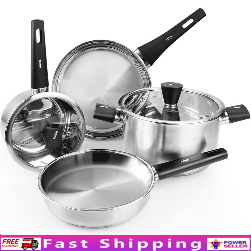 Durable Stainless Steel Cookware Set W/ Stay-Cool Handles & Glass Lids New