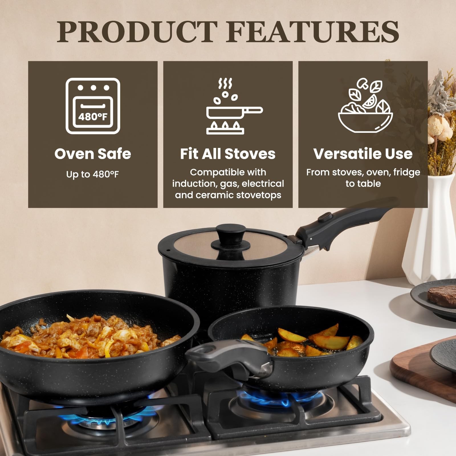 30-Piece Nonstick Pots and Pans Set, Cookware with Removable Handle