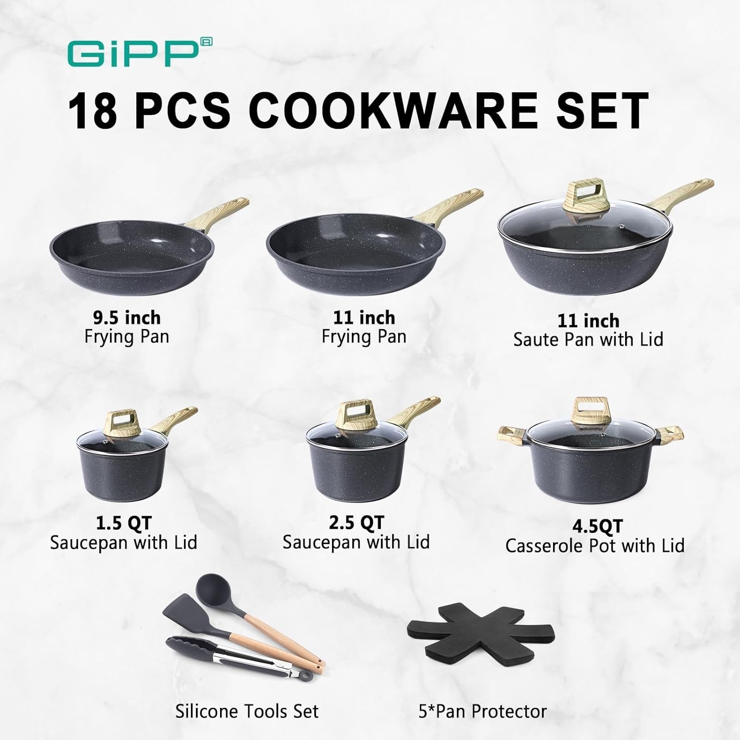 GiPP Ceramic Nonstick Cookware Pots & Pans Set Dark Gray Dishwasher Safe 18PCS