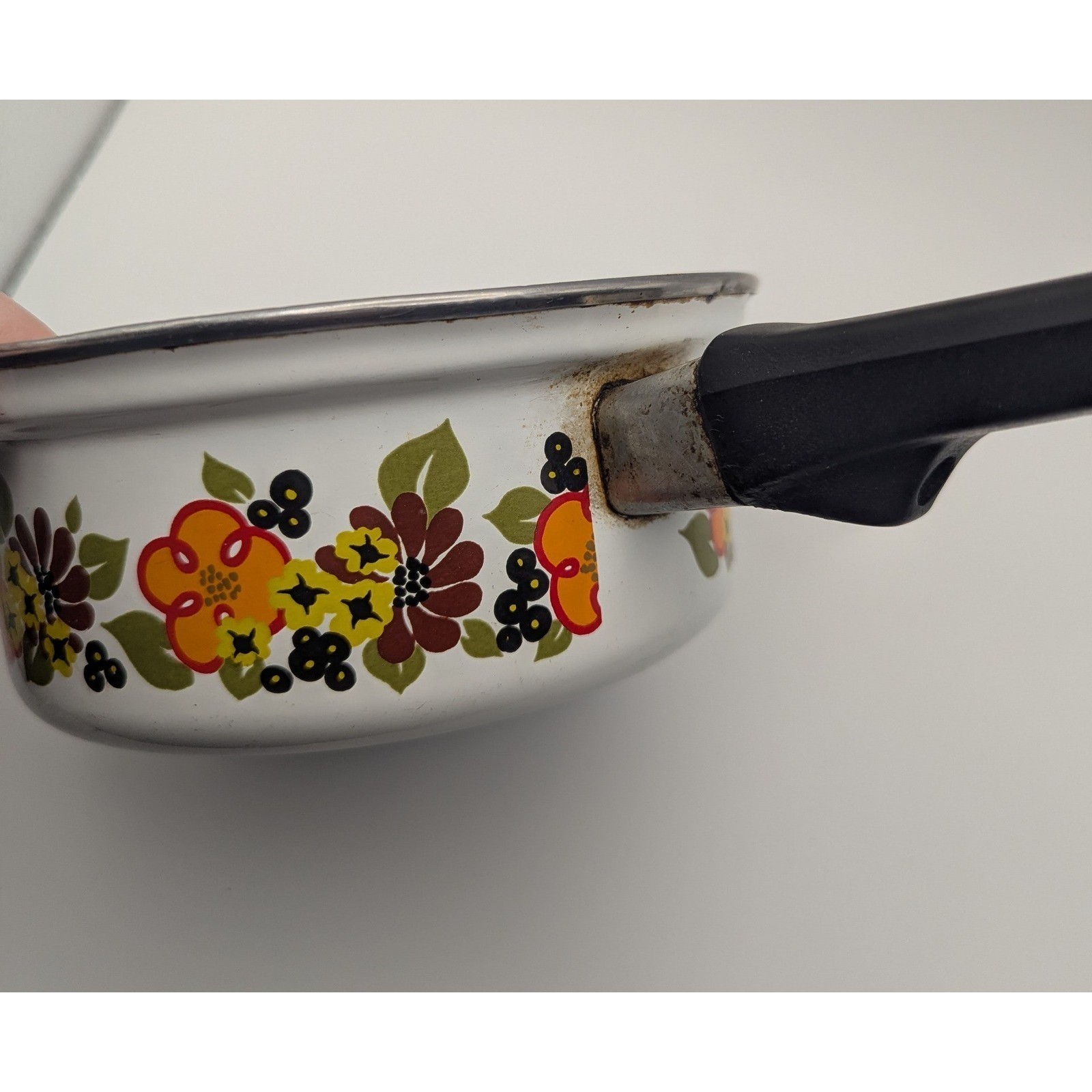 Vtg 1970s Austria Email Enamel Saucepan Floral Print White Orange Brown Retro