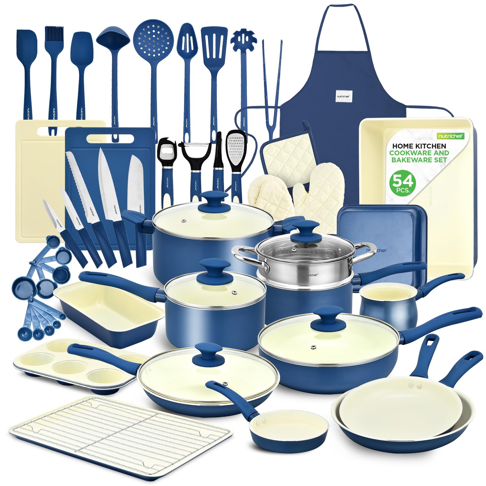 NutriChef 54 Piece Home Kitchen Cookware Set – Bakeware, Pots, Pans (Blue Gray)