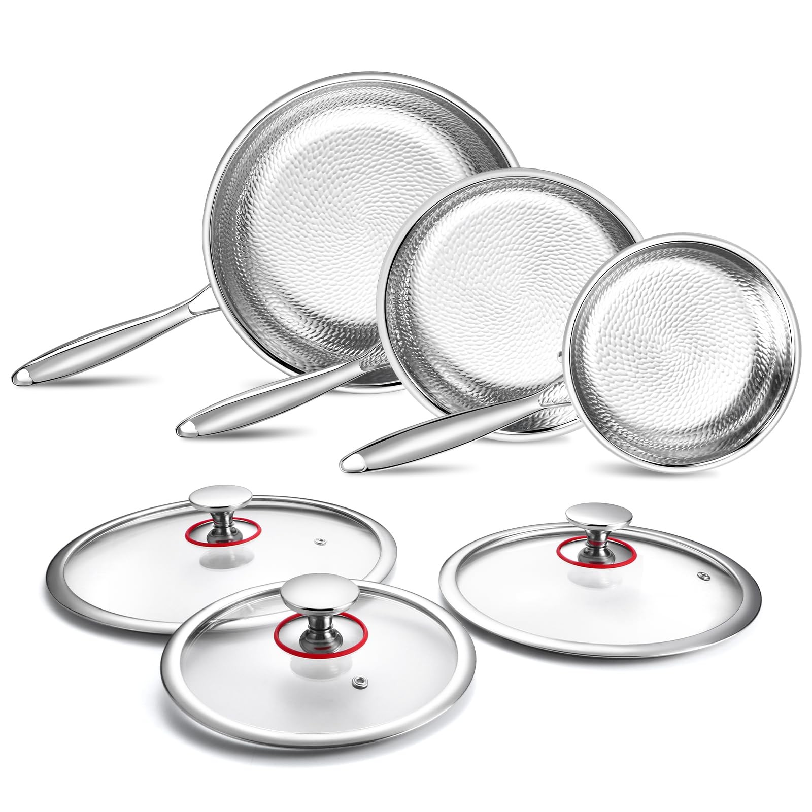 Hammered Non Stick Titanium Frying Pan with Lid – Stainless Steel Kitchen Coo…