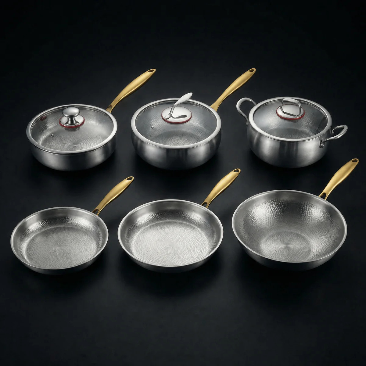 Okura Hand-Hammered Titanium Complete Kitchen Set with 3 Lids (10, 11 & 12 Inch)