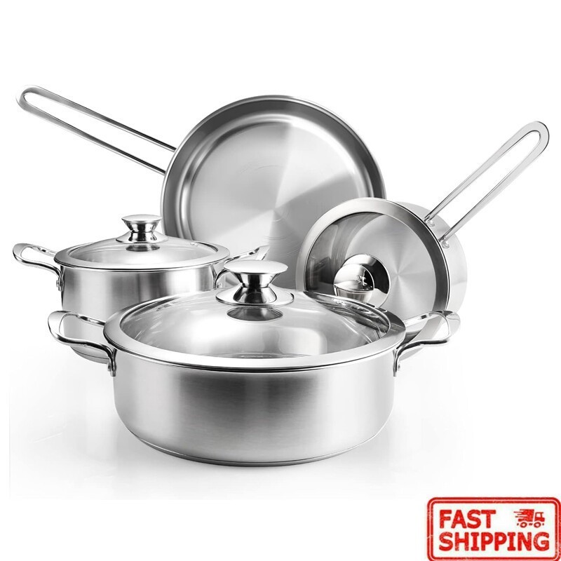 Stainless Steel Pots Pans Set 7-Piece Kitchen Cookware Sets W/ Glass Lids New
