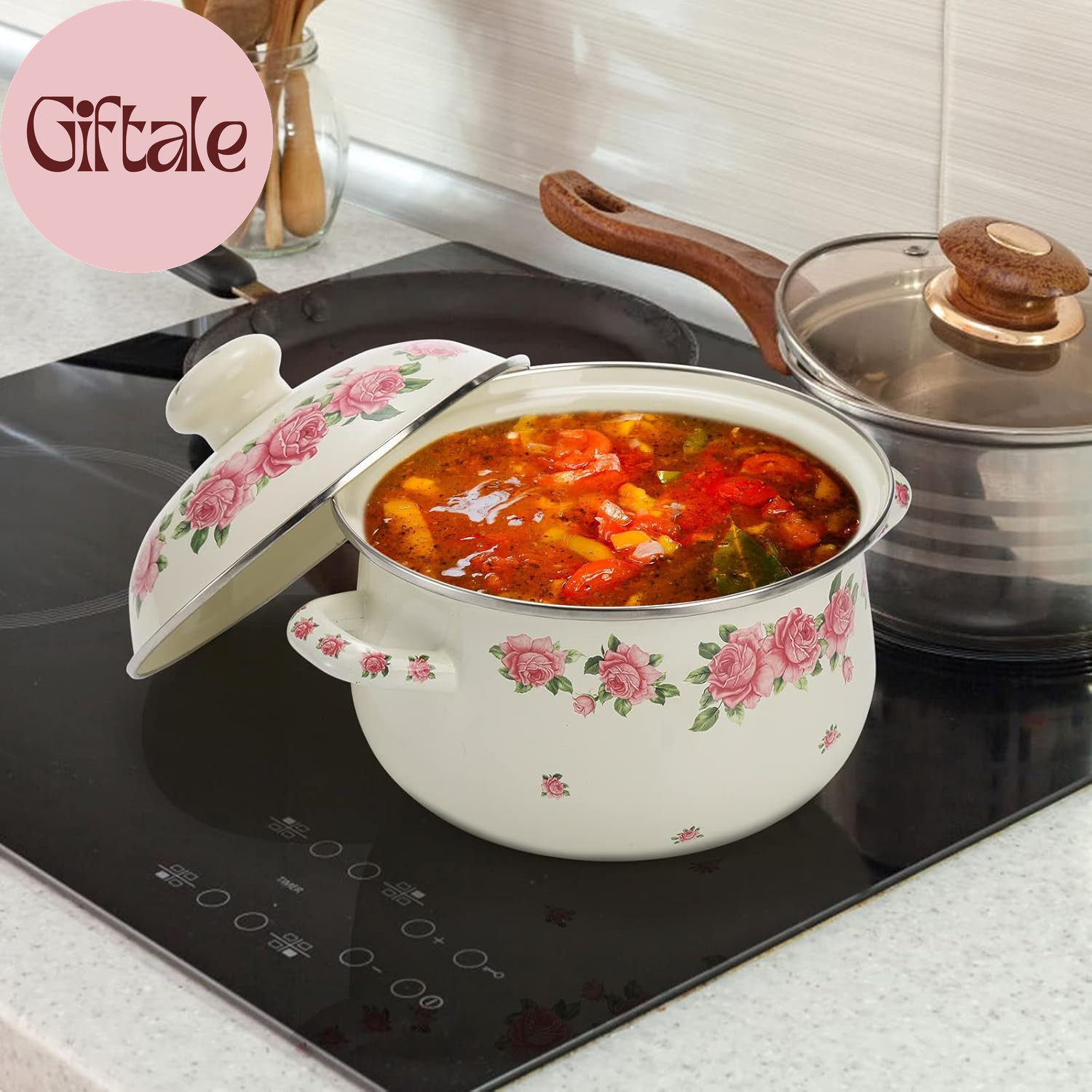 Enamel Stockpot with Lid, 2.8 Quart Retro Cooking Pot, Vintage Floral Stew Bean