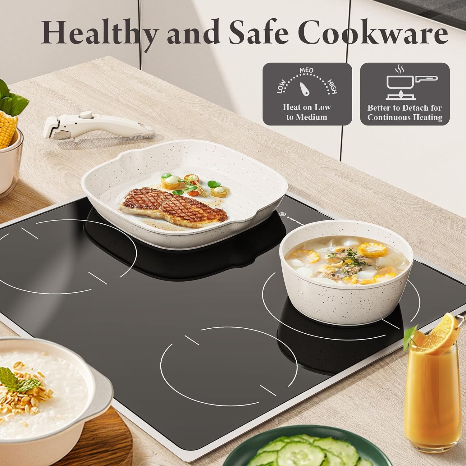 19Pcs Ceramic Nonstick Cookware Set with Removable Handles for Kitchen RV