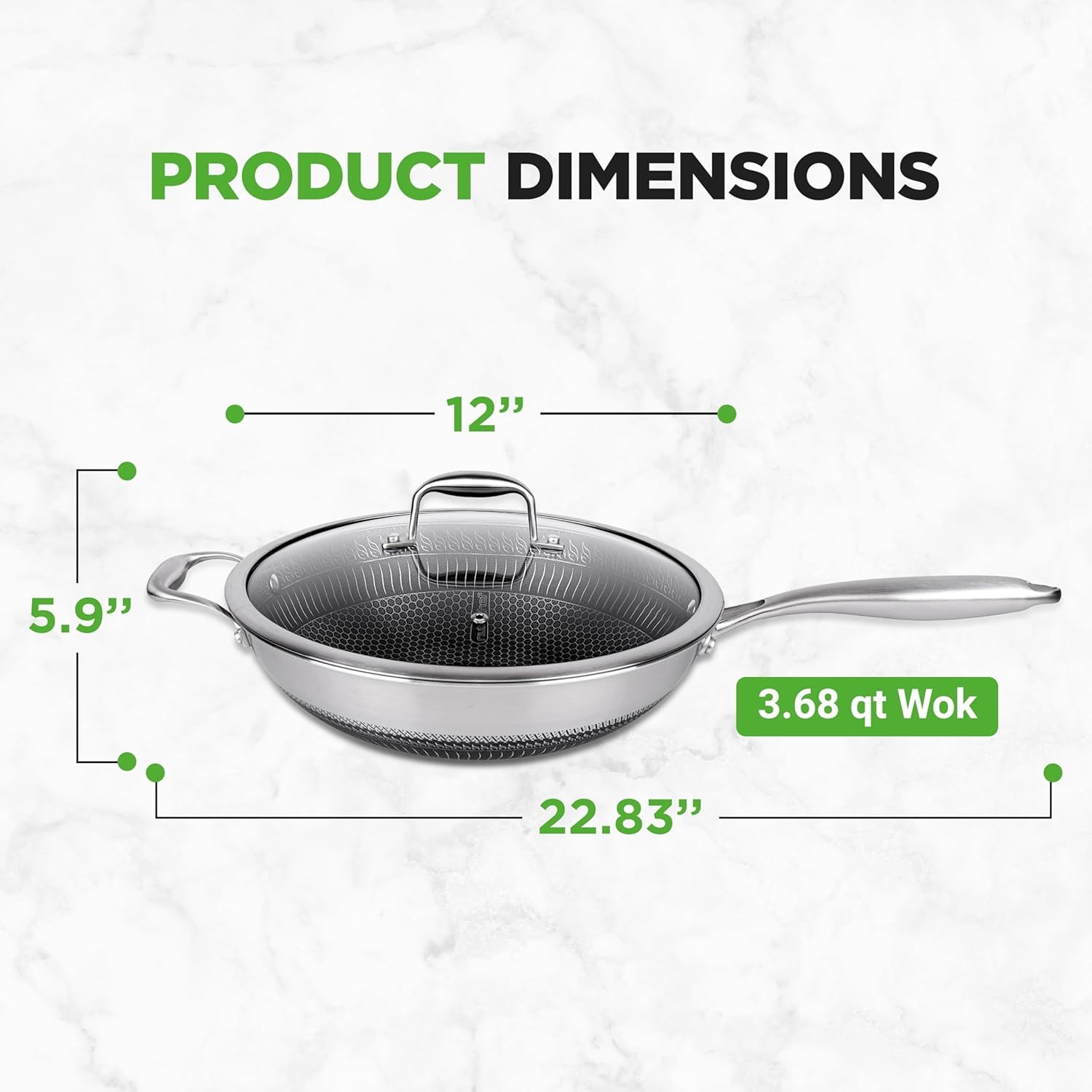 Nutrichef 12 Inch Stainless Steel Nonstick Wok 36 Quart Induction Cookware