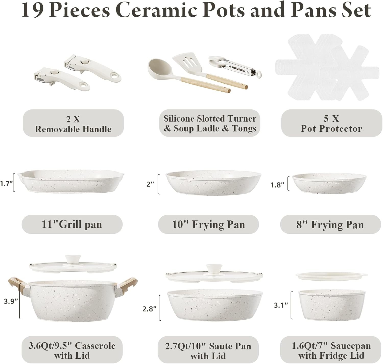 19Pcs Ceramic Nonstick Cookware Set with Removable Handles for Kitchen RV