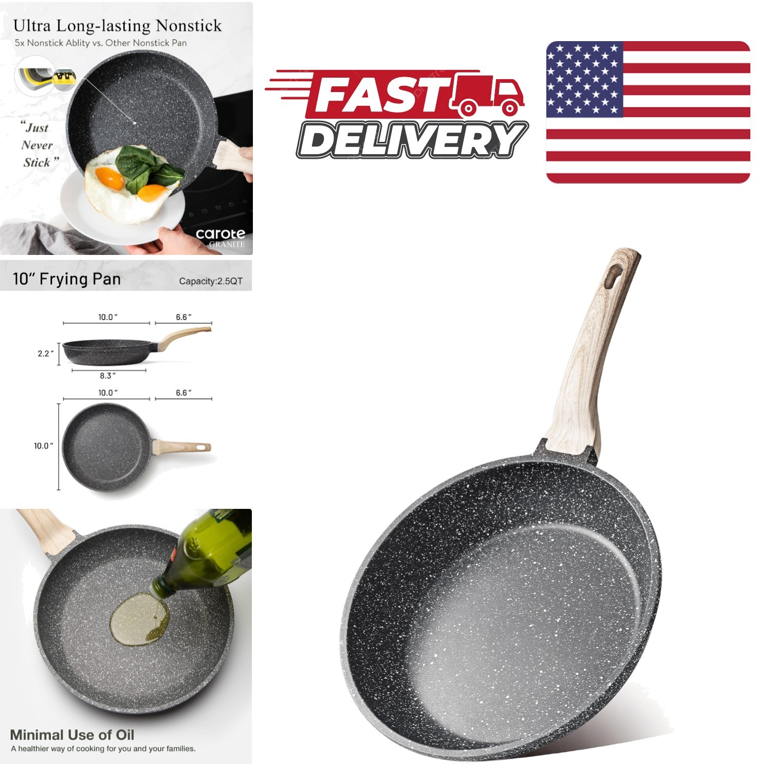 10 Inch Non Stick Frying Pan Skillet PFOA Free Easy Clean Black Granite Cookware