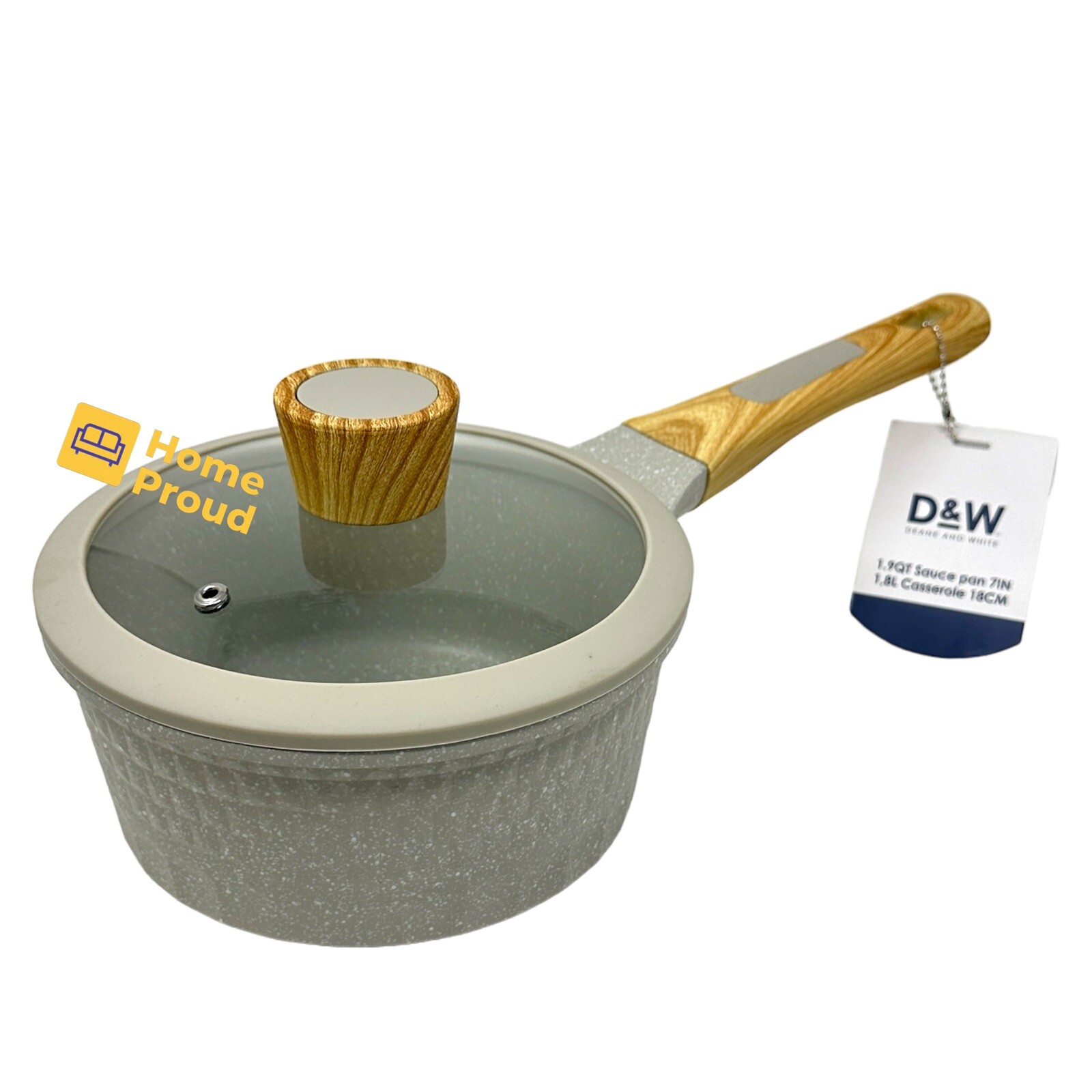 D&W Saucepan Casserole Pot NonStick With Lid 7 inch Small StockPot 1.9 Qt Beige