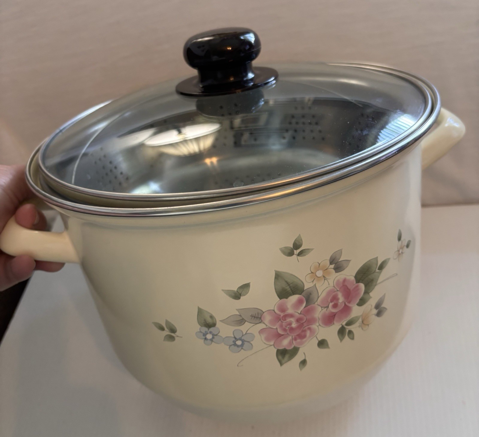 Vintage Pfaltzgraff Tea Rose Enameled 8 Qt Stock Pot with Steamer Insert Basket