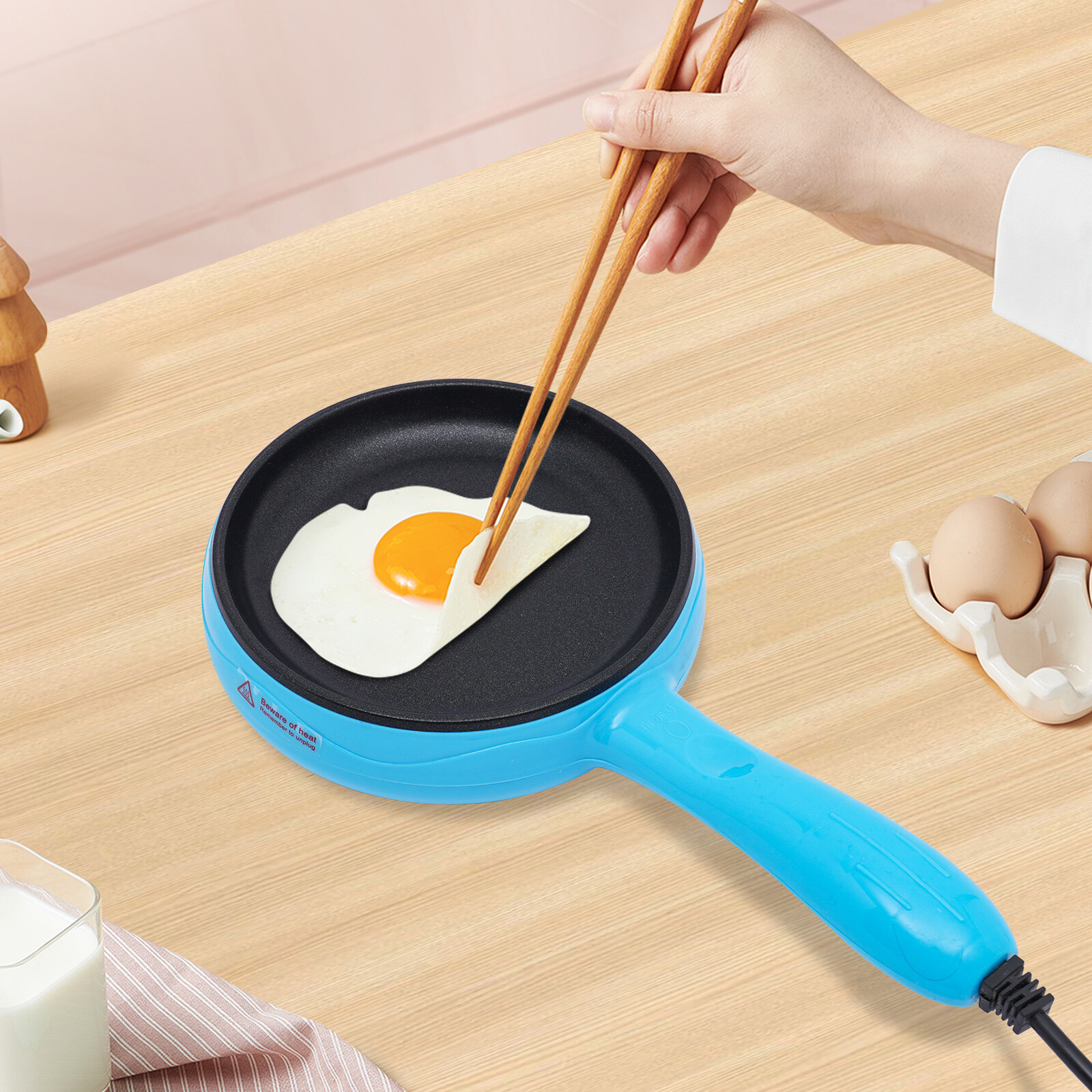 Modern Electric Skillet Non-Stick Electric Skillet Blue Round Mini Frying Pan