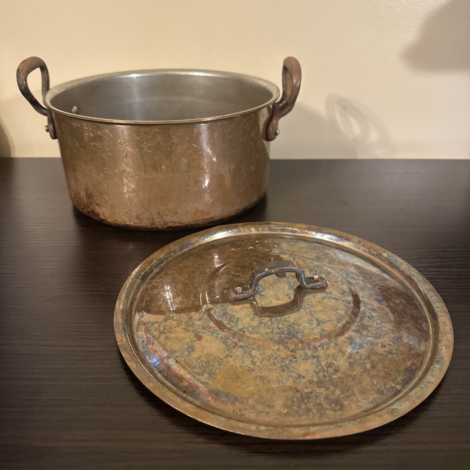 VINTAGE BAUMALU 4.5qt (4-1/2″ TALL ) COPPER STOCK POT WITH LID MADE IN FRANCE