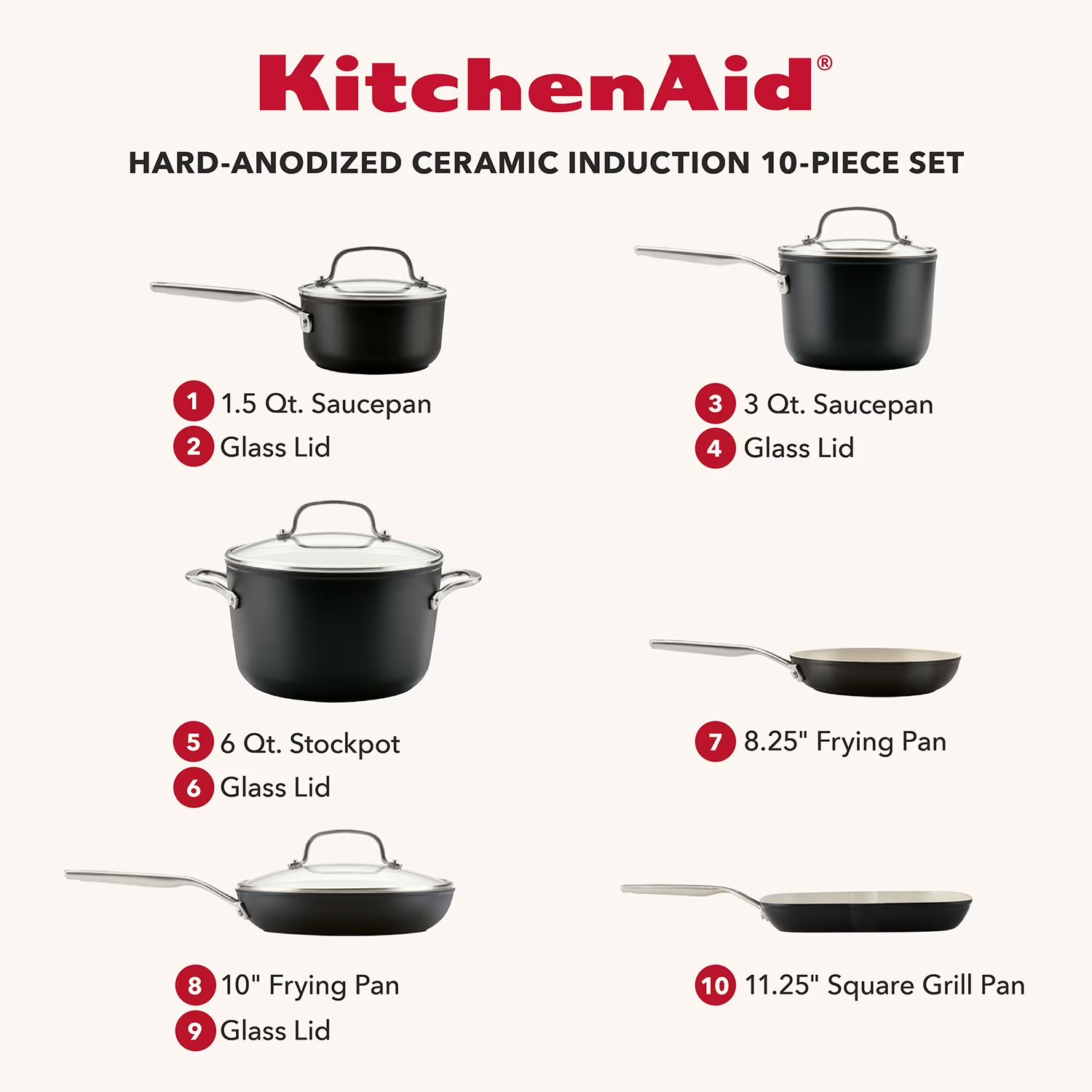 KitchenAid 10-Piece Hard-Anodized Ceramic Induction Cookware Set Matte Black